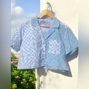 Hollister split print poplin sleep top in blue and white